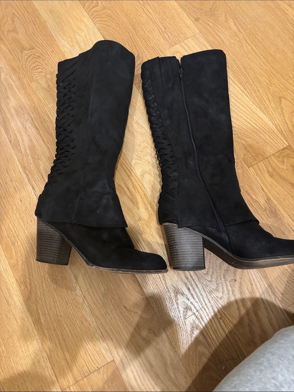 Fergalicious Black Mid-Calf Heeled Boots with Braided Side Detail